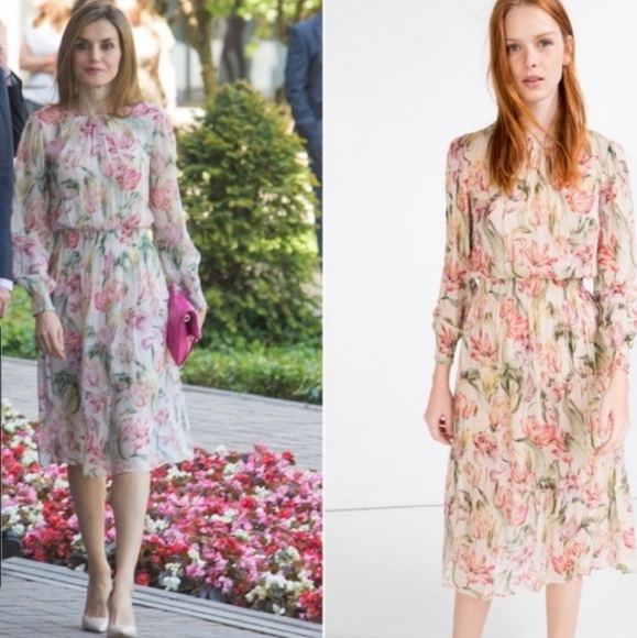 Zara Floral Tulip Printed Chiffon Dress in Pink ASO Queen Letizia - Picture 5 of 8